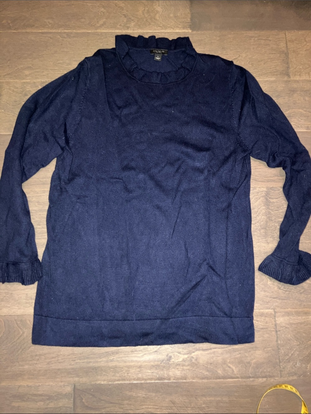 Ann Taylor Navy Ruffle-Neck Crewneck Sweater